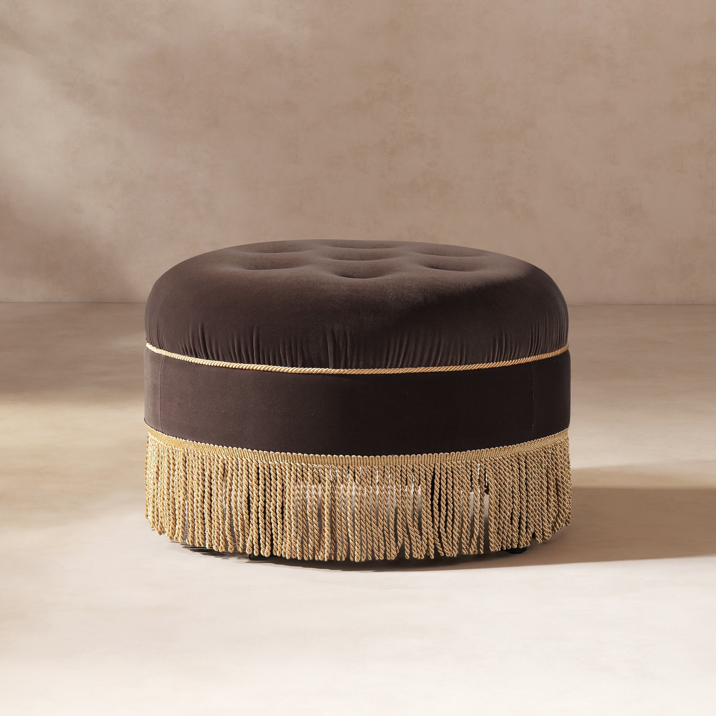 Yolanda 24" Round Upholstered Accent Ottoman Deep Brown Performance Velvet