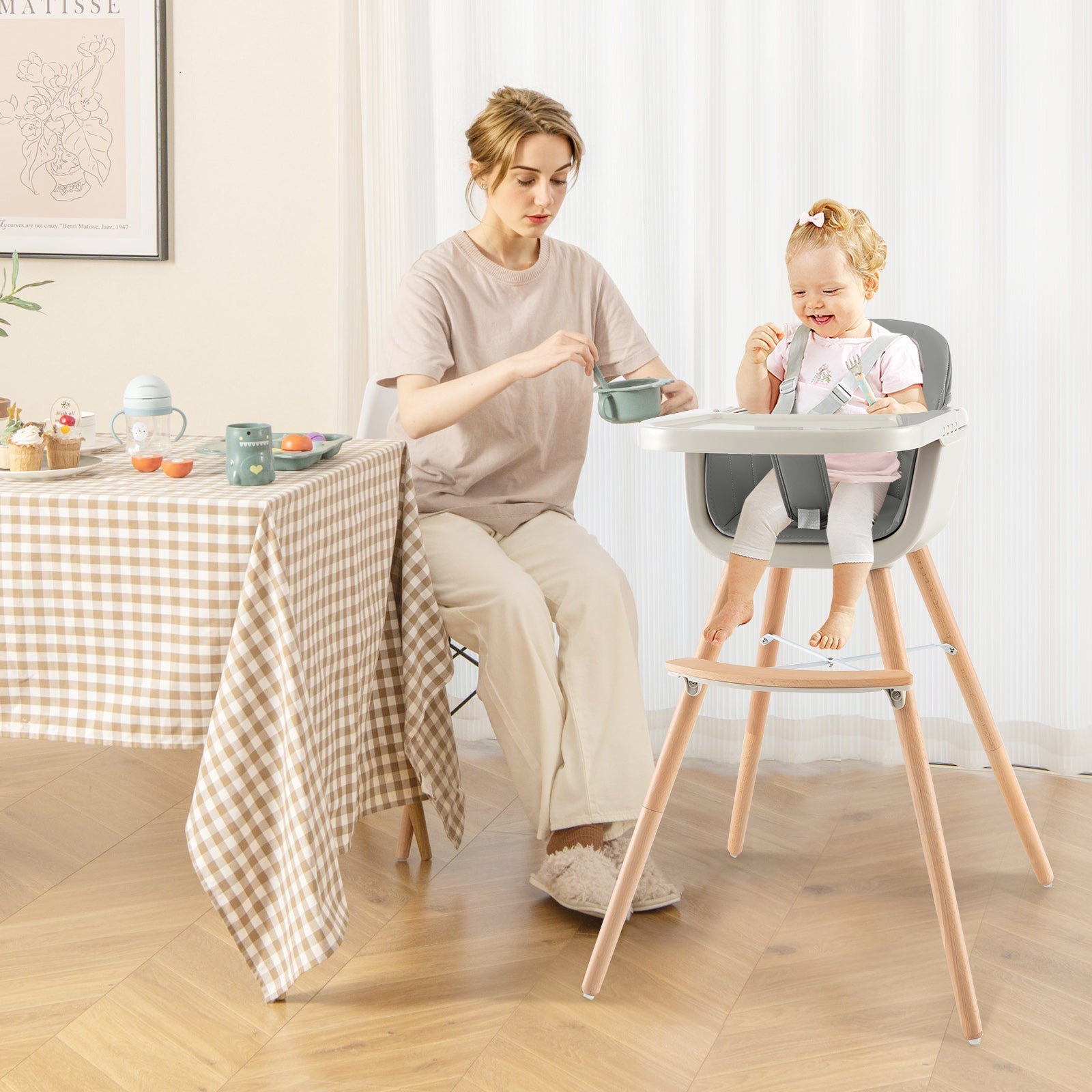 3-in-1 Convertible Wooden High Chair with Cushion-Gray