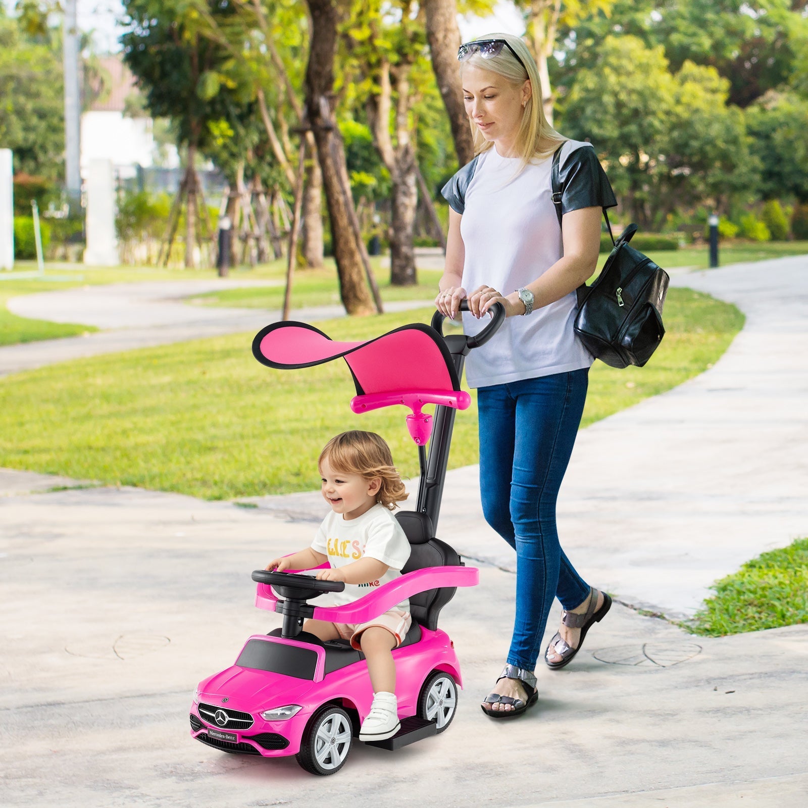 3-in-1 Ride on Push Car Mercedes-Benz Licensed Sliding Car with Canopy-Pink