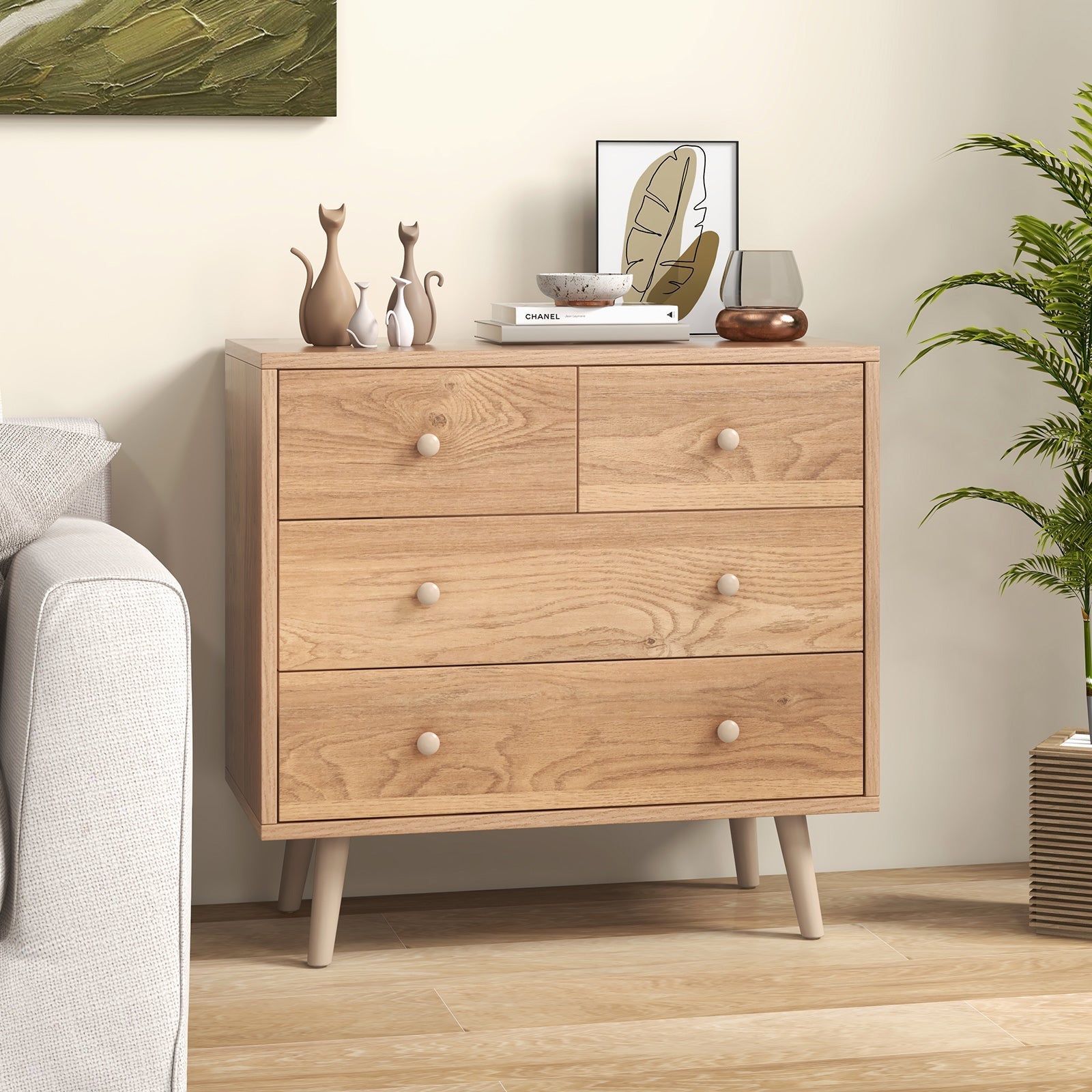 4-Drawer Dresser Cabinet Storage Organizer Rubber Leg with Rail-Natural