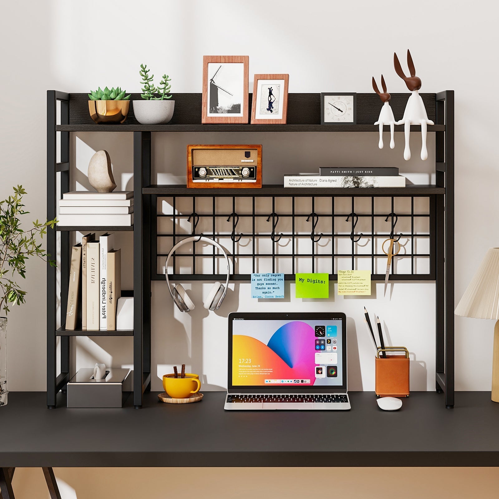4-Tier Desk Shelf Desktop Display Rack with Metal Grid Panel and 6 Hooks-Black