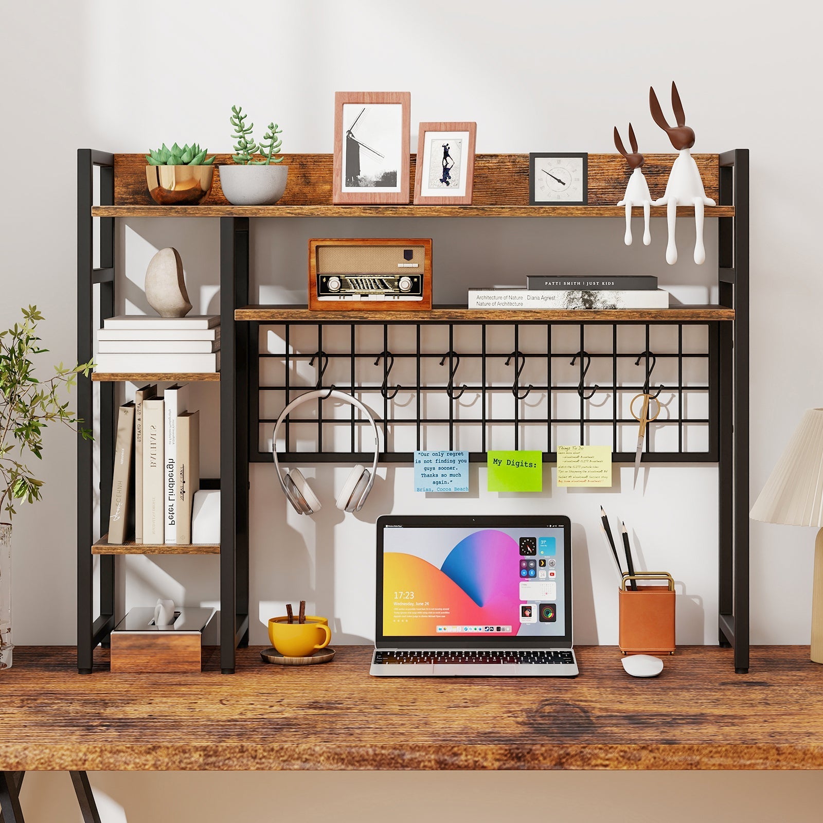 4-Tier Desk Shelf Desktop Display Rack with Metal Grid Panel and 6 Hooks-Rustic Brown