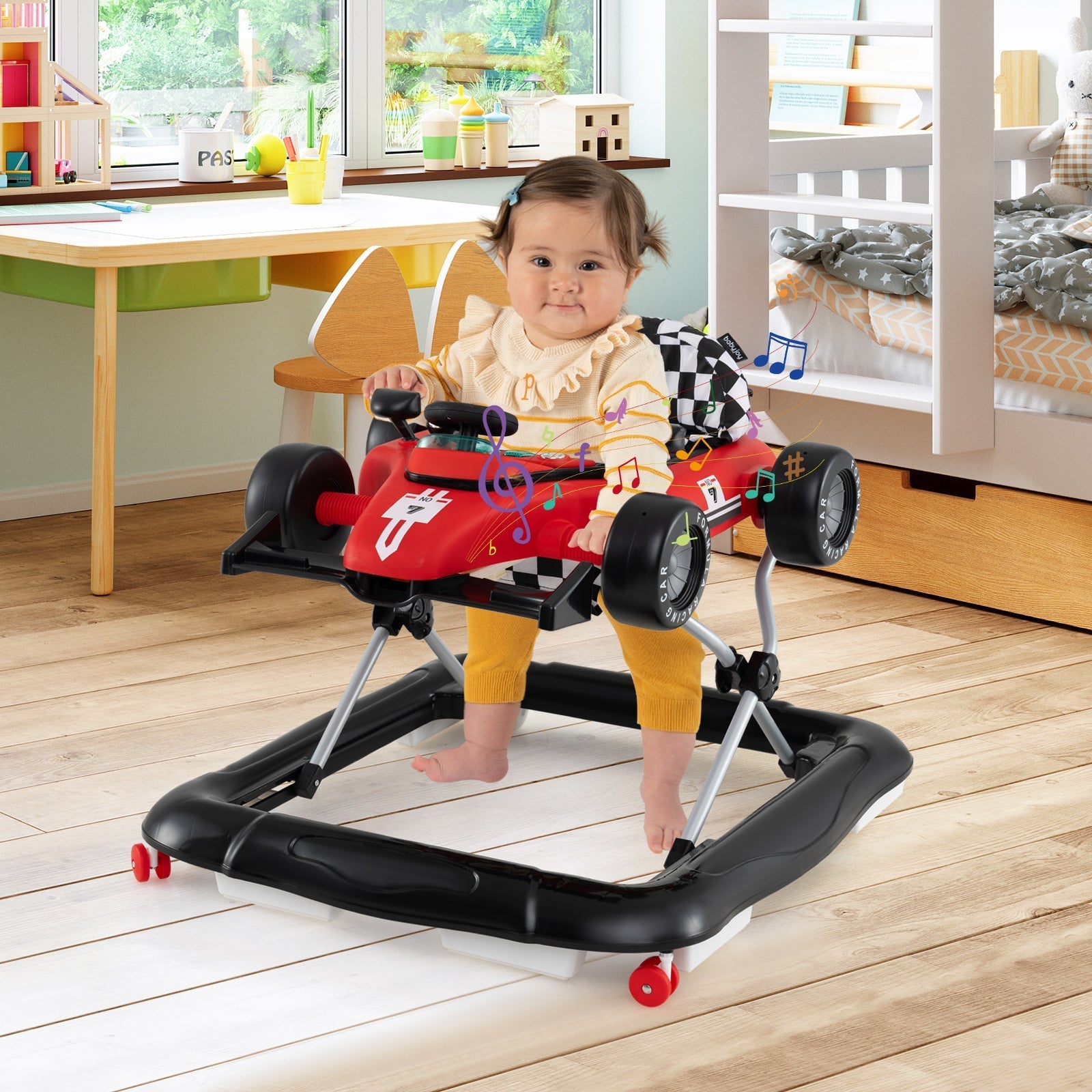 4-in-1 Baby Push Walker Activity Center Height Adjustable with Music Box-Red