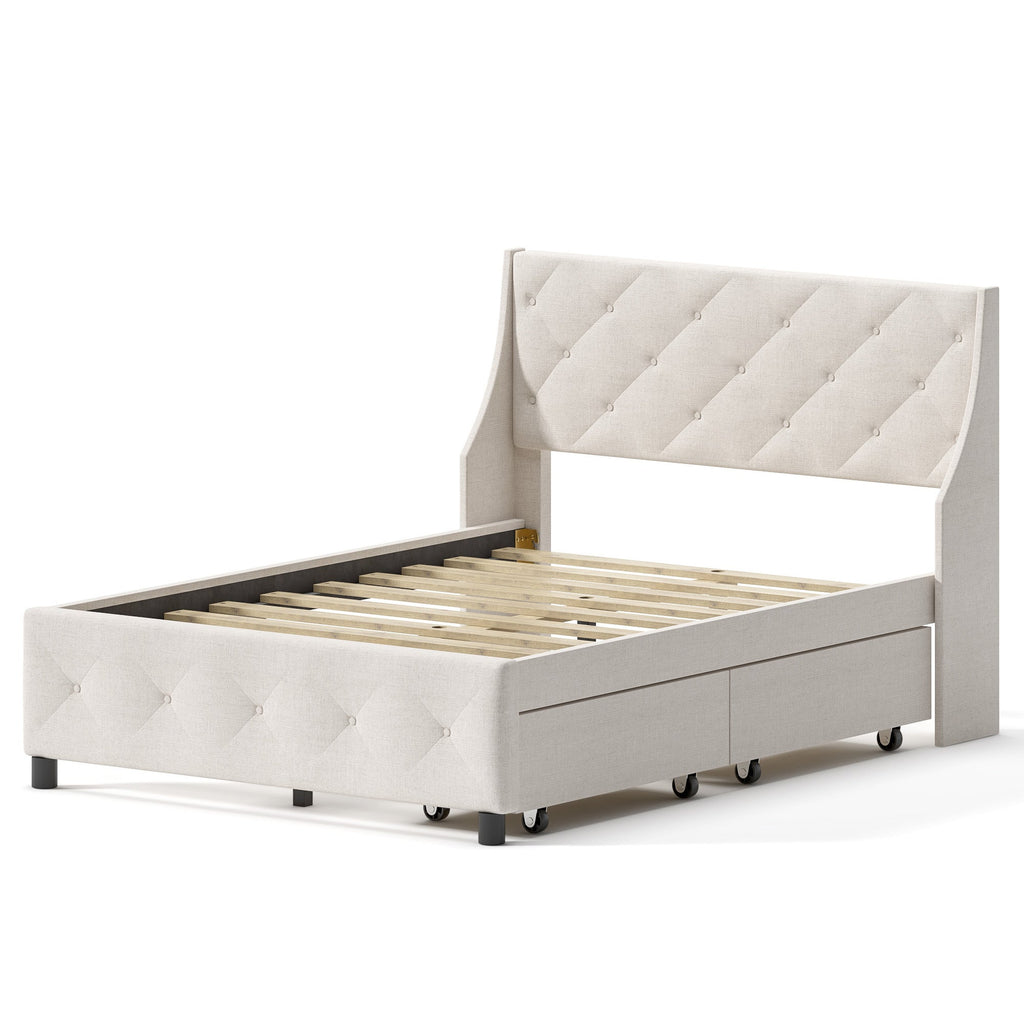 Queen Size Rubber Wood Bed Frame with Storage Headboard & Drawers
