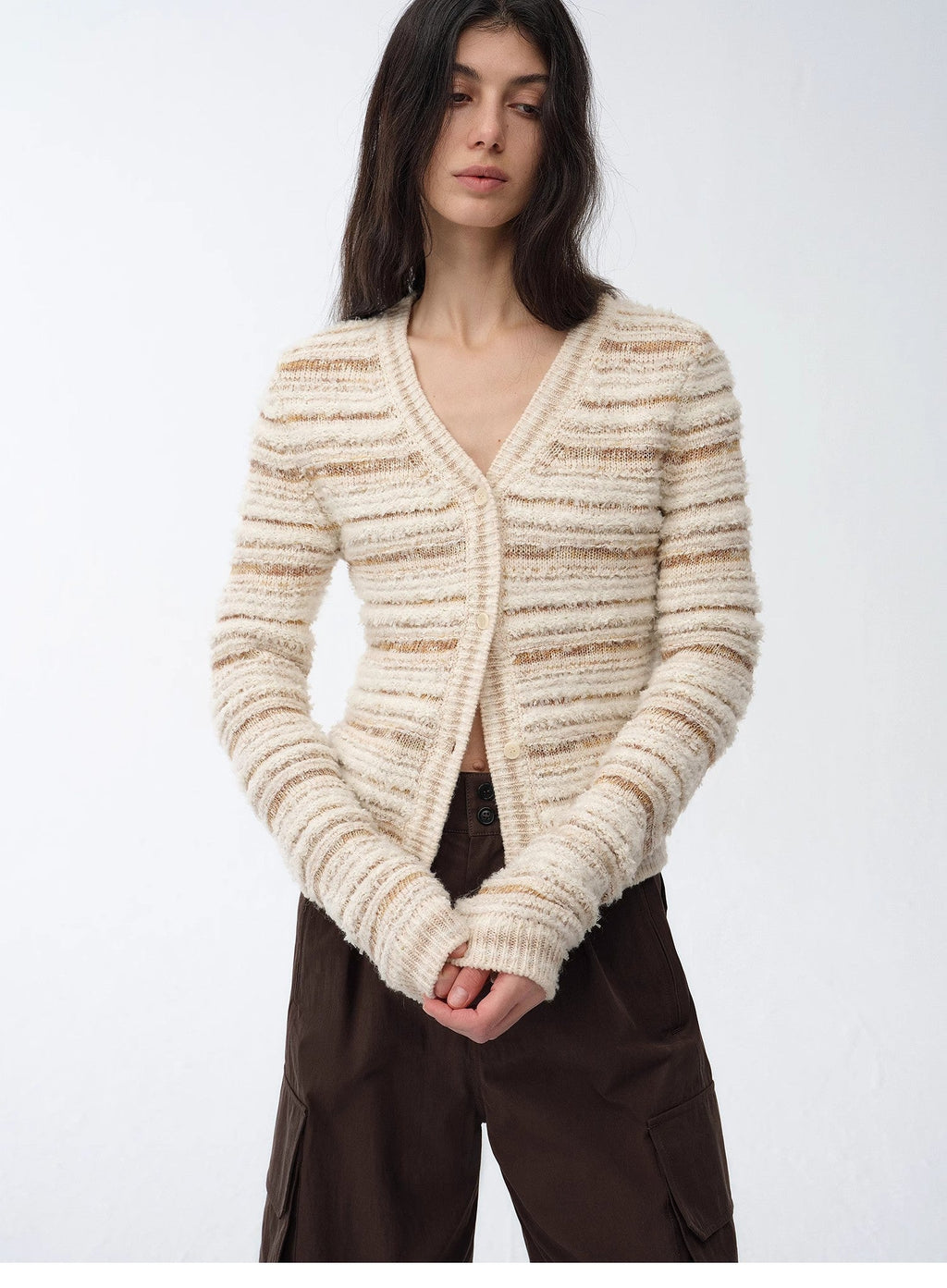 "Nice Weekend" striped mixed woven V-neck early spring layered knitted