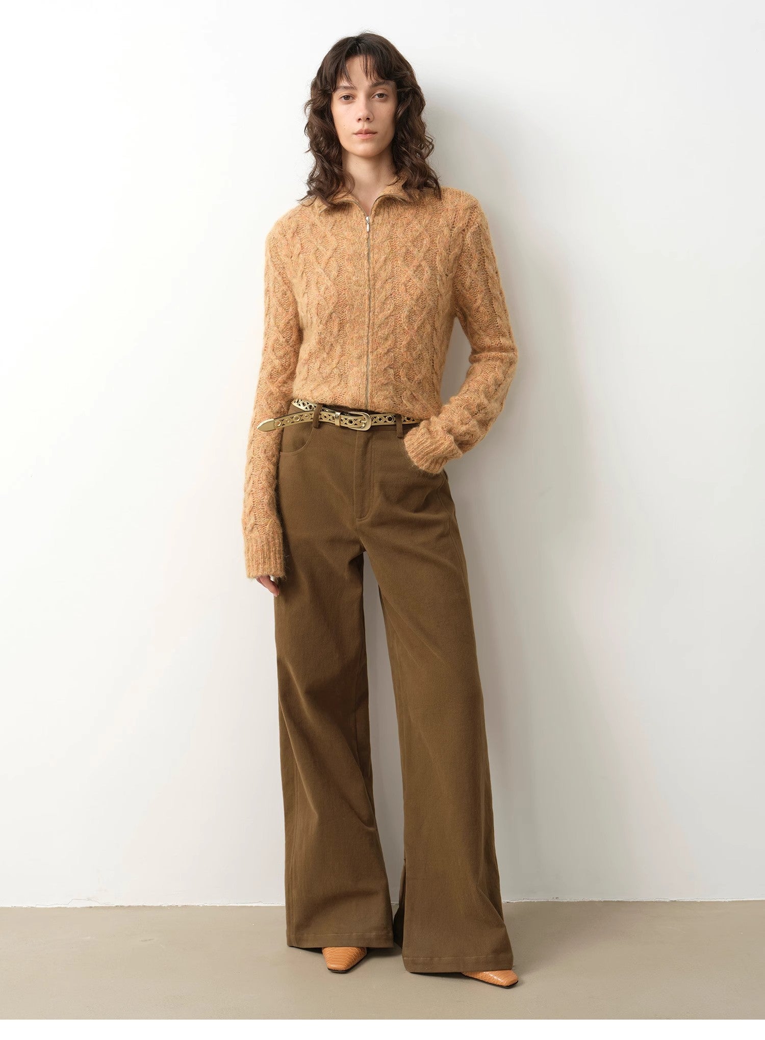 Vintage warm flower pattern basic top mohair wool cable blend zipper