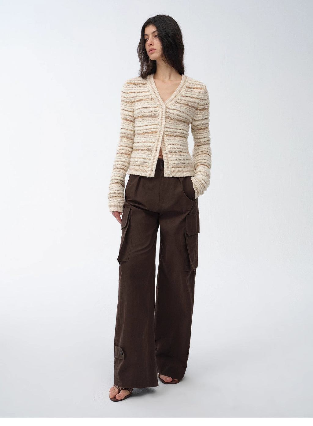 "Nice Weekend" striped mixed woven V-neck early spring layered knitted
