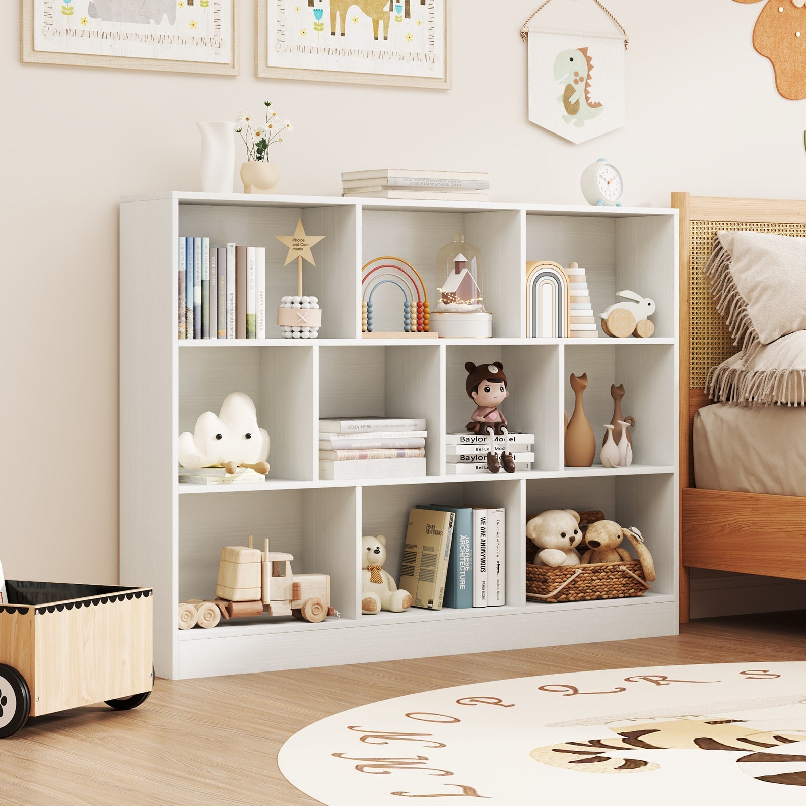 41 inches Wooden Toy Storage Organizer with 10 Cubes for Classroom Daycare Nursery Kindergarten-White