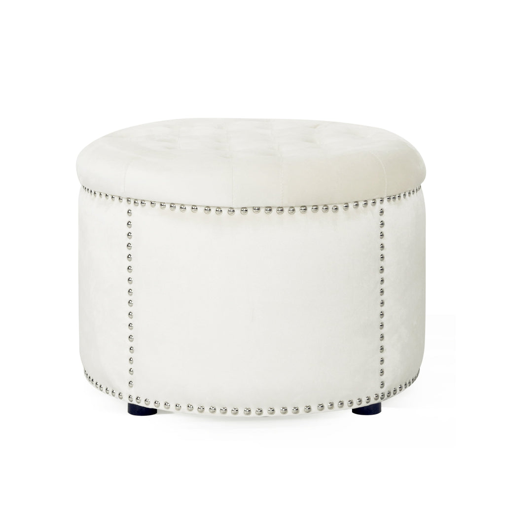 Elegant Round Ottoman with Studded Rim in Beige Velvet