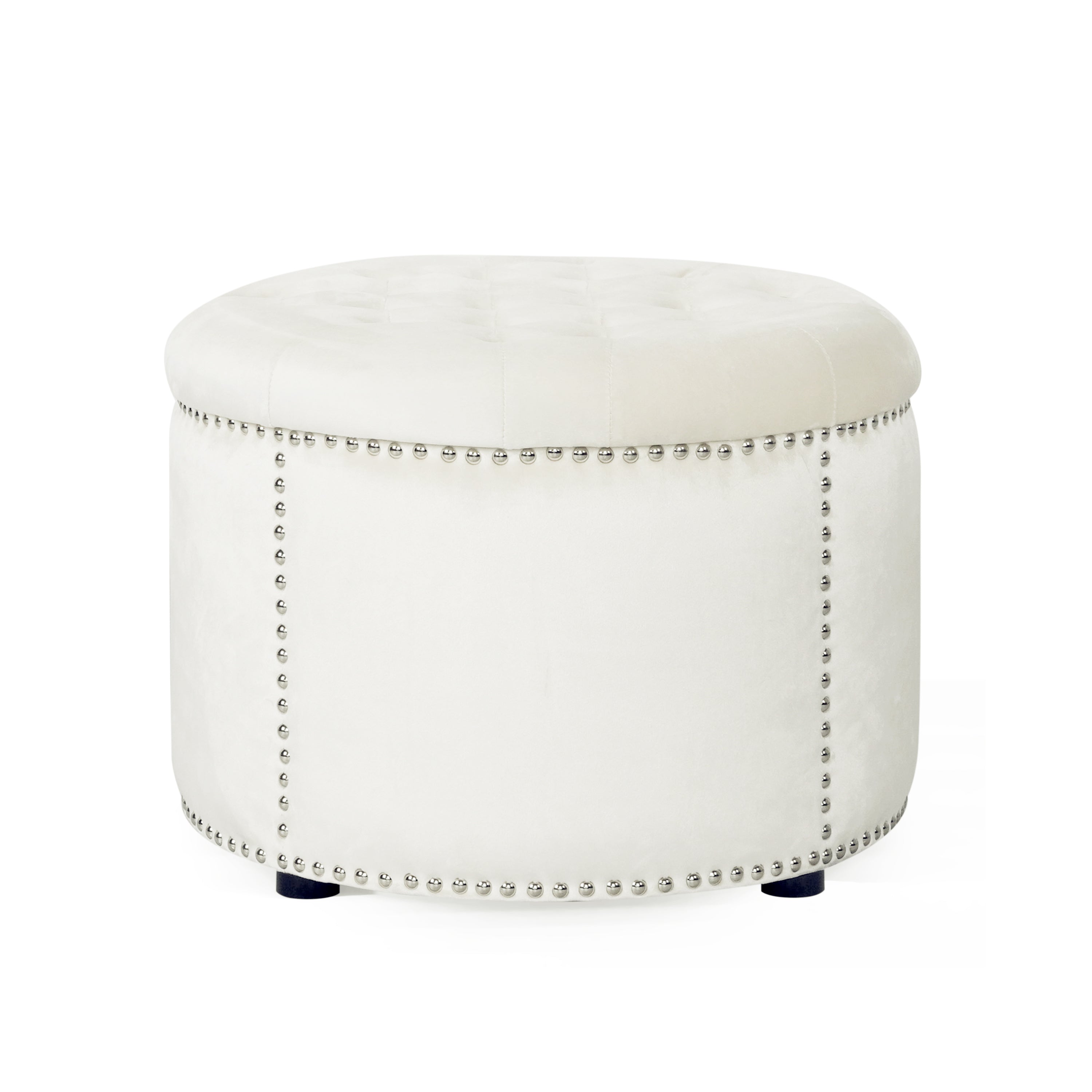 Elegant Round Ottoman with Studded Rim in Beige Velvet
