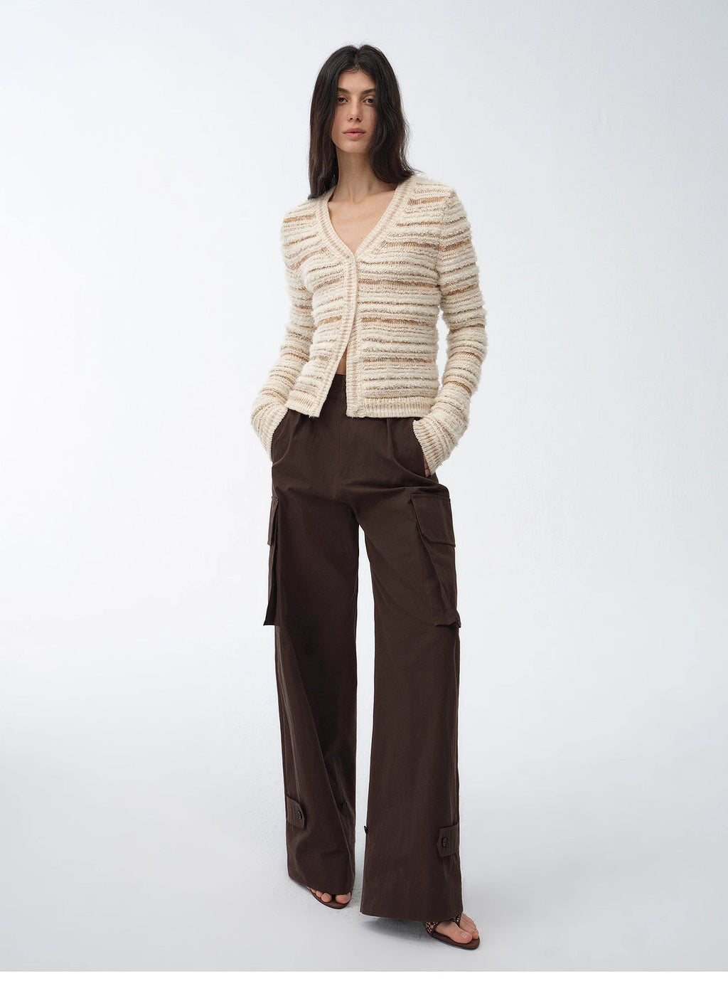 "Nice Weekend" striped mixed woven V-neck early spring layered knitted