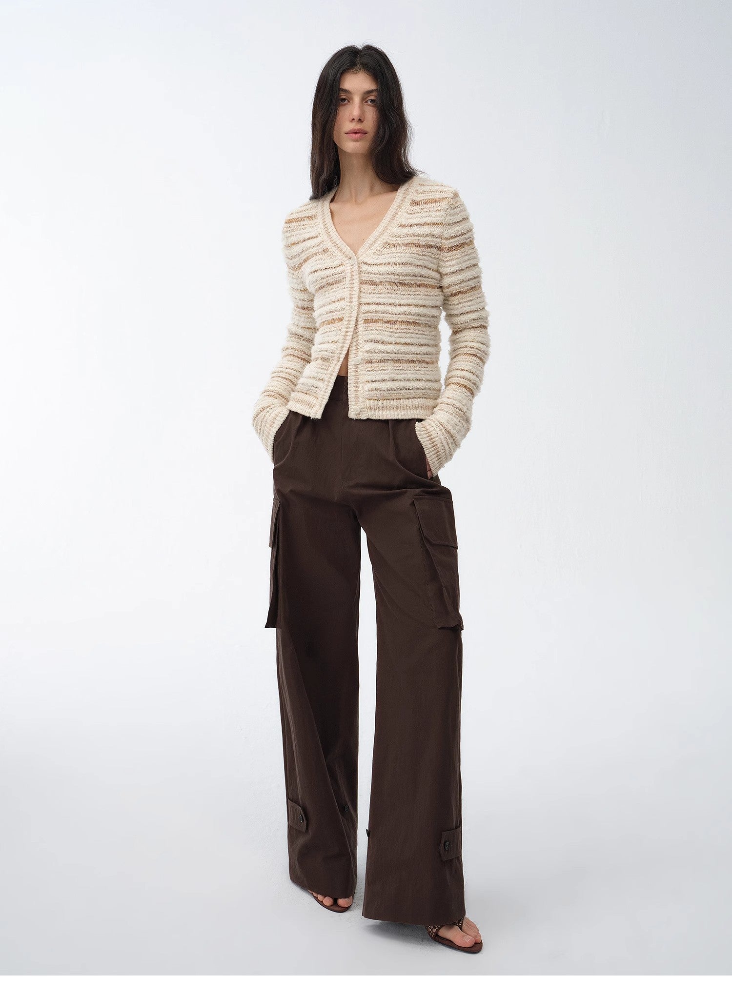 "Nice Weekend" striped mixed woven V-neck early spring layered knitted