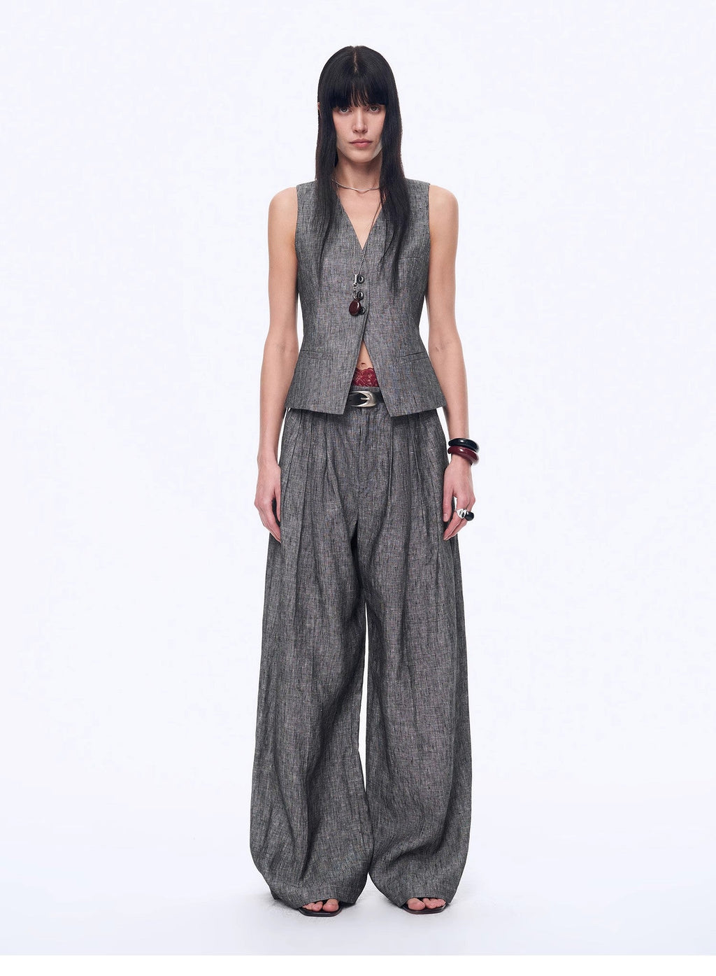 Fireladyfur Women's Linen Suit Set: Draped Vest & High-Waist Straight