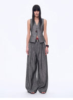 Fireladyfur Women's Linen Suit Set: Draped Vest & High-Waist Straight