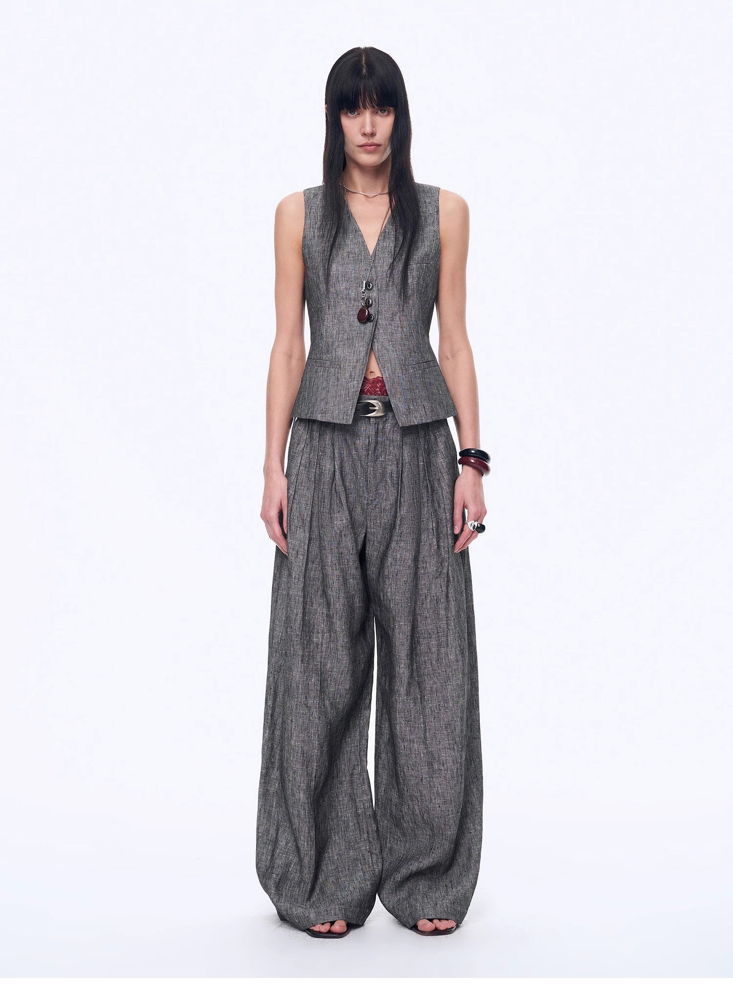 Fireladyfur Women's Linen Suit Set: Draped Vest & High-Waist Straight