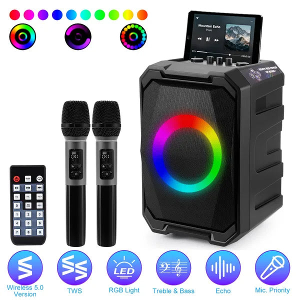 Portable Wireless Party Speaker With LED Light 2 Wireless Mics Remote