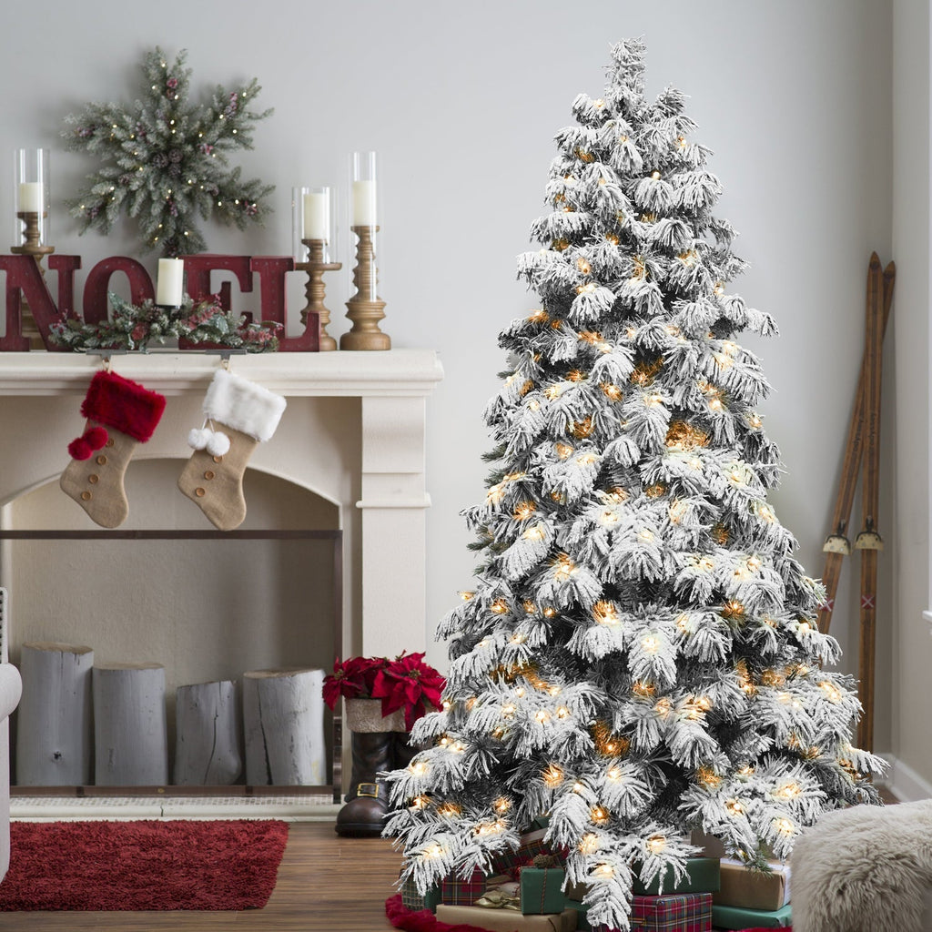 5FT 6FT 7FT 8FT Prelit Flocked Christmas Tree With Light, Snowy Pine