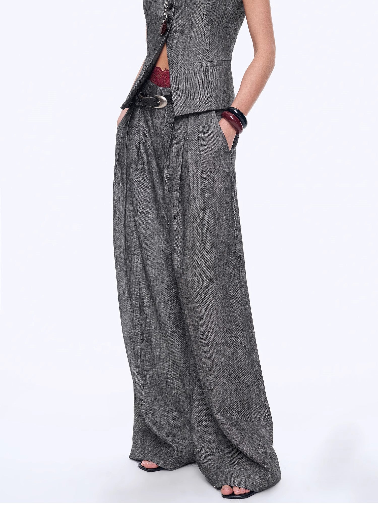 Fireladyfur Women's Linen Suit Set: Draped Vest & High-Waist Straight