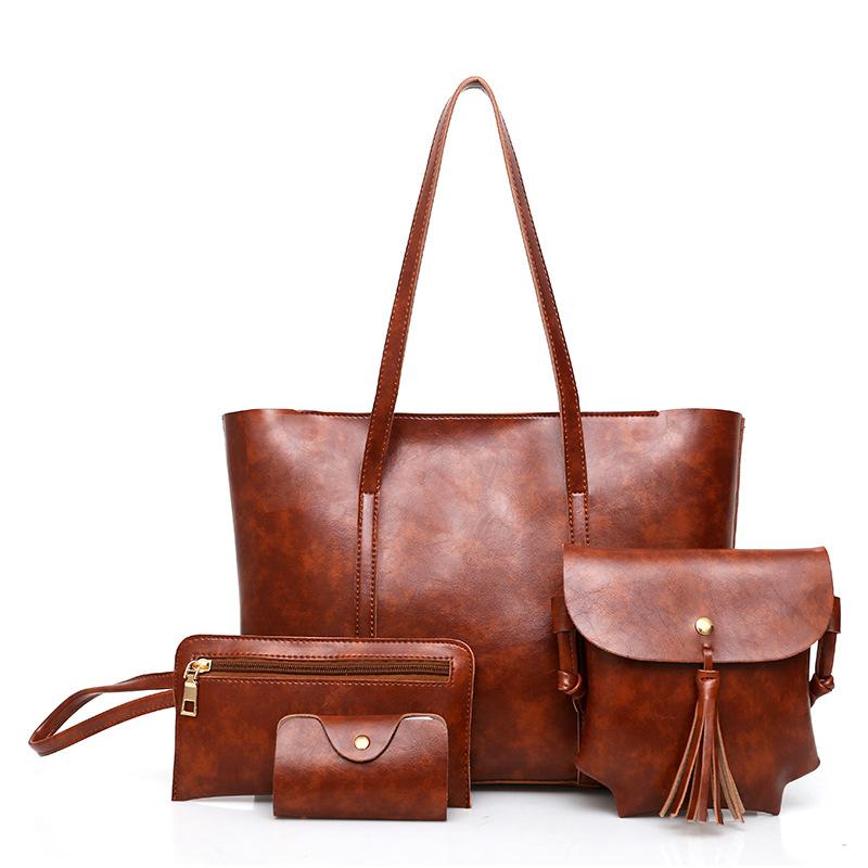 Oil Wax Four Piece Leather Handbag With Purse For Women