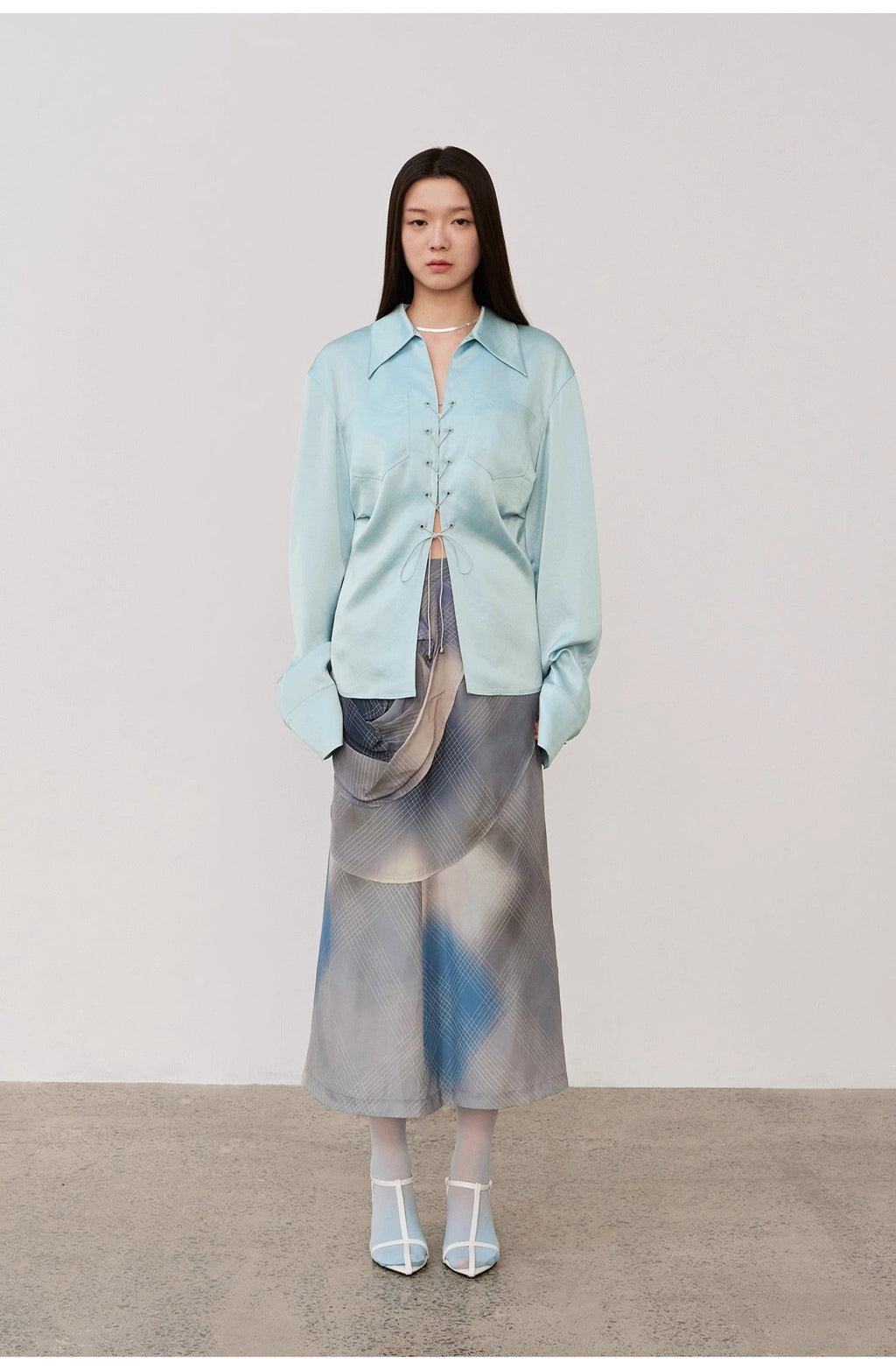 "Mercerized Spring Shadow" Acetate Shirt Women's Hollow String Pleated