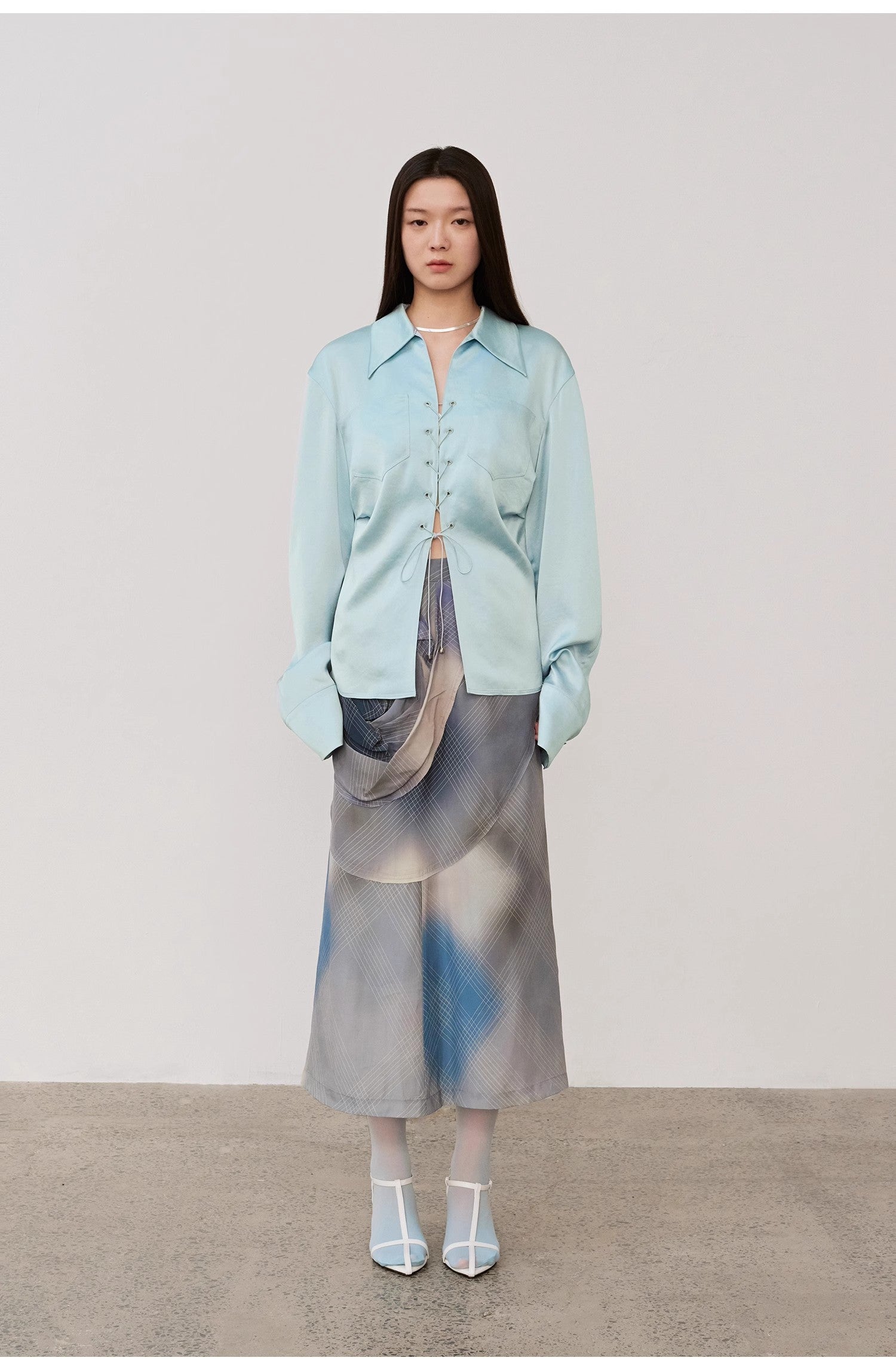 "Mercerized Spring Shadow" Acetate Shirt Women's Hollow String Pleated