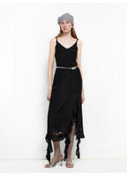 Acetate Mulberry Silk V-Neck Ruffled Draped Twist Strap Summer Dress