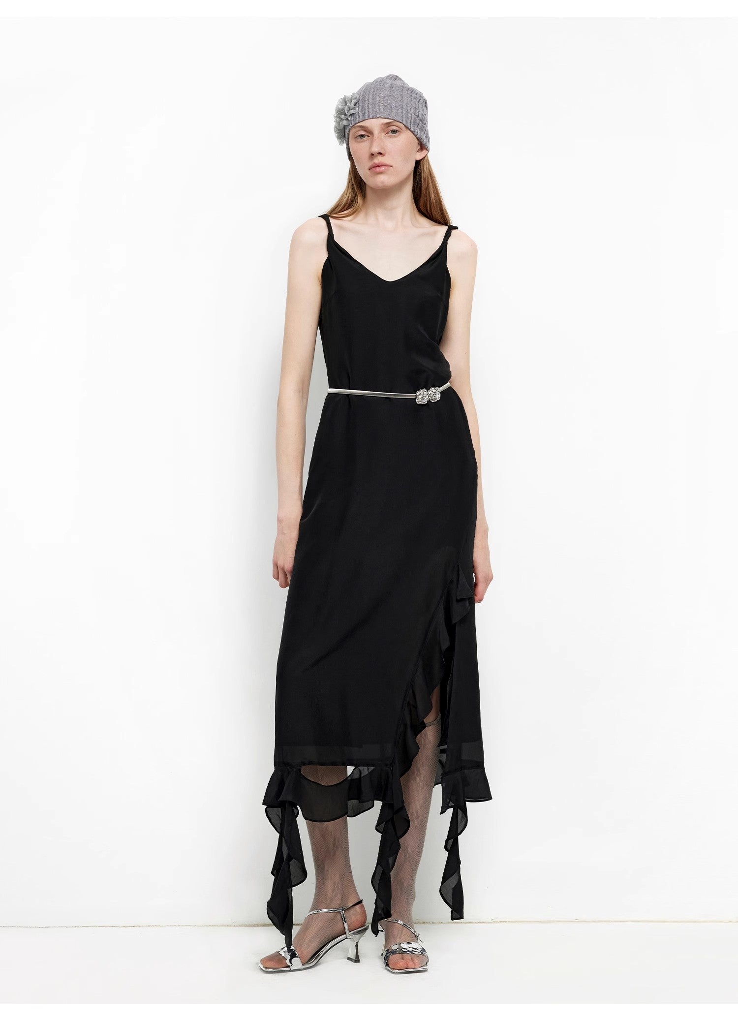 Acetate Mulberry Silk V-Neck Ruffled Draped Twist Strap Summer Dress