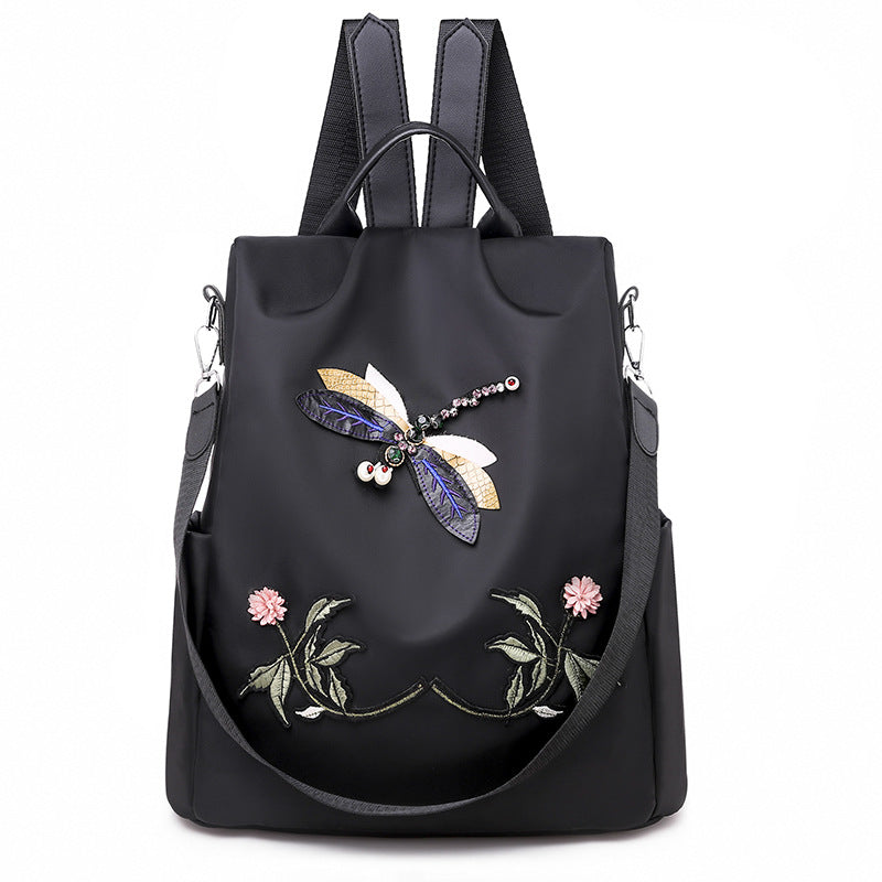 Oxford Cloth Embroidered Dragonfly Pattern Travel Backpack
