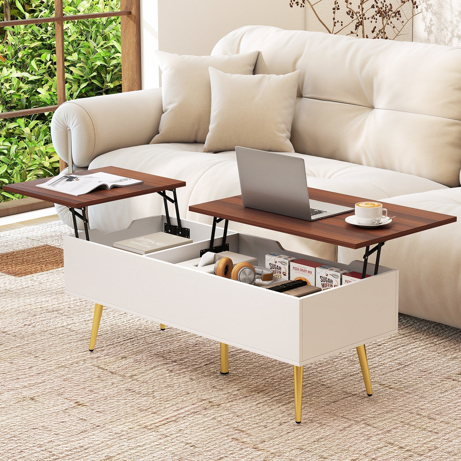 47 Inch Lift Top Coffee Table with 2 Hidden Compartments-Walnut