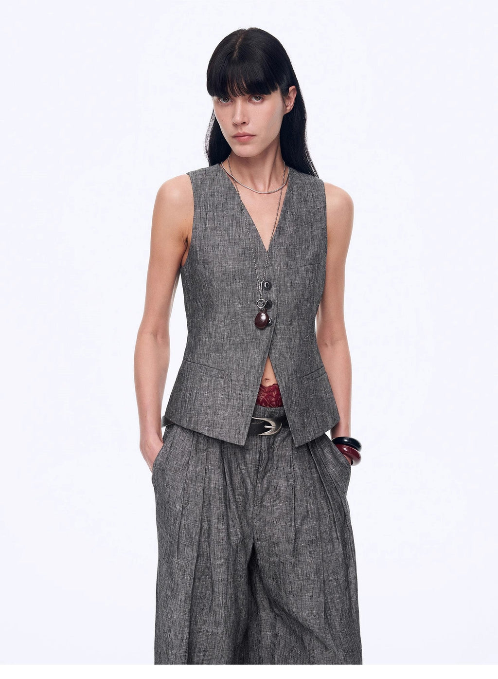 Fireladyfur Women's Linen Suit Set: Draped Vest & High-Waist Straight