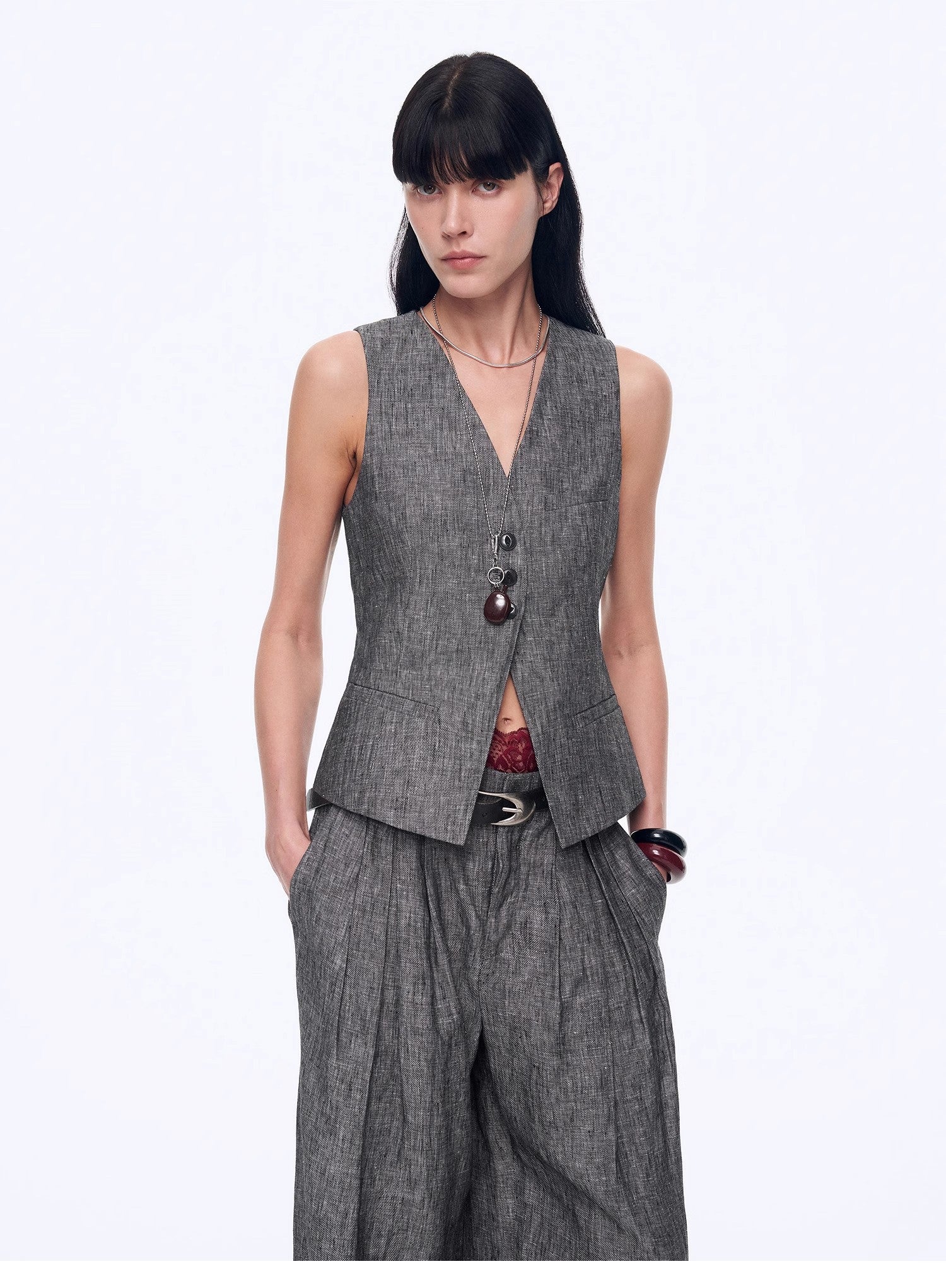 Fireladyfur Women's Linen Suit Set: Draped Vest & High-Waist Straight