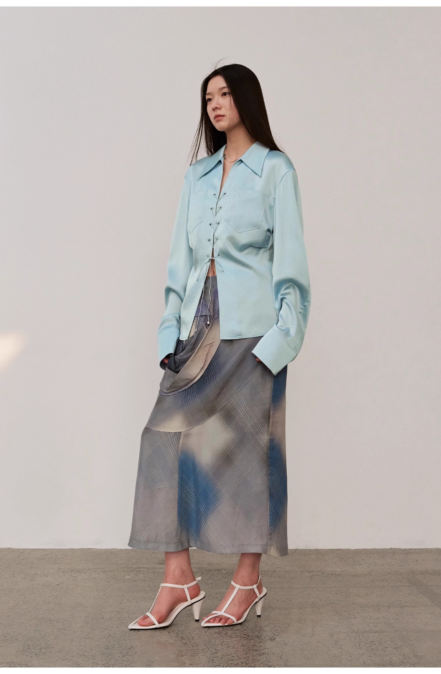 "Mercerized Spring Shadow" Acetate Shirt Women's Hollow String Pleated