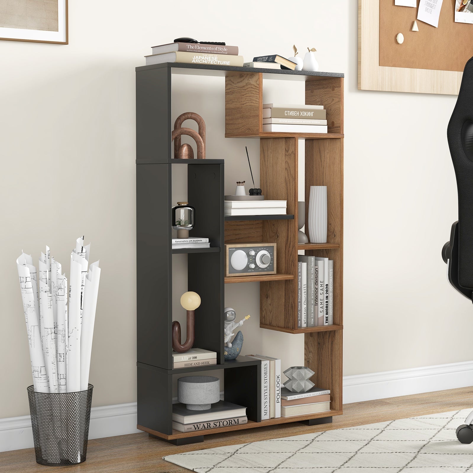 47-Inch Tall Bookshelf for Home Office Living Room-Natural & Black