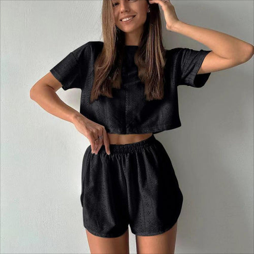 2pcs Casual Hollow Suit With Short-sleeved Crop Top And Elastic Slit
