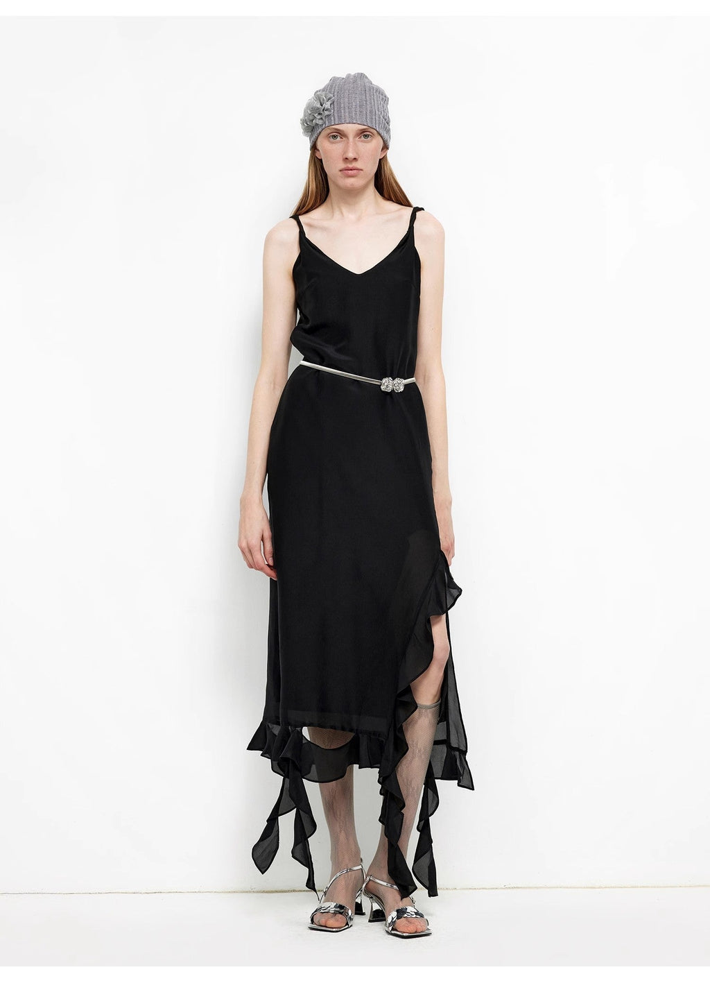 Acetate Mulberry Silk V-Neck Ruffled Draped Twist Strap Summer Dress