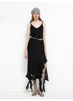 Acetate Mulberry Silk V-Neck Ruffled Draped Twist Strap Summer Dress