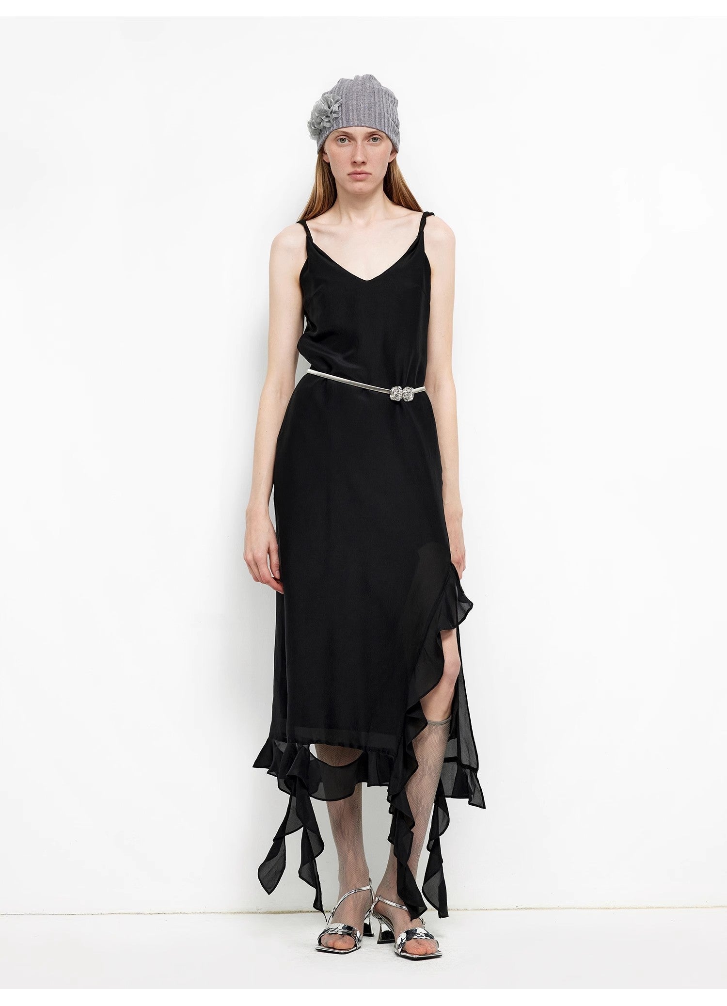 Acetate Mulberry Silk V-Neck Ruffled Draped Twist Strap Summer Dress