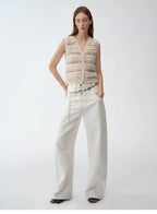 "Nice Weekend" striped mixed woven V-neck early spring layered knitted