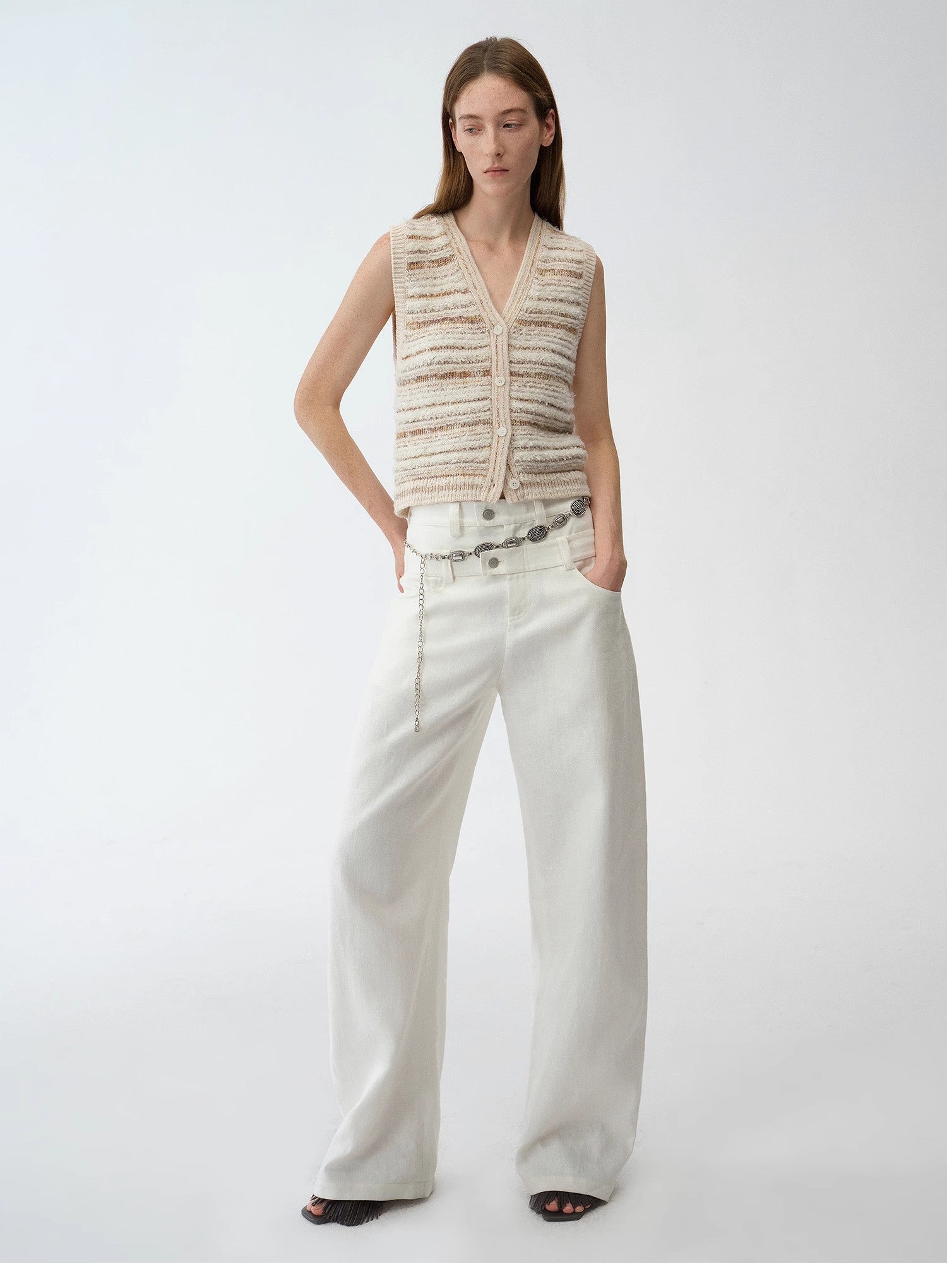 "Nice Weekend" striped mixed woven V-neck early spring layered knitted