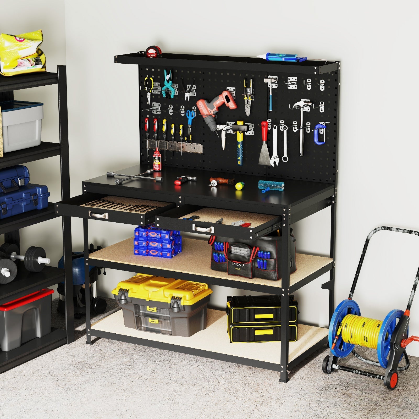 48 x 24 Inch Workbench Work Table with 3 PCs Pegboard Drawer and Shelves-Black