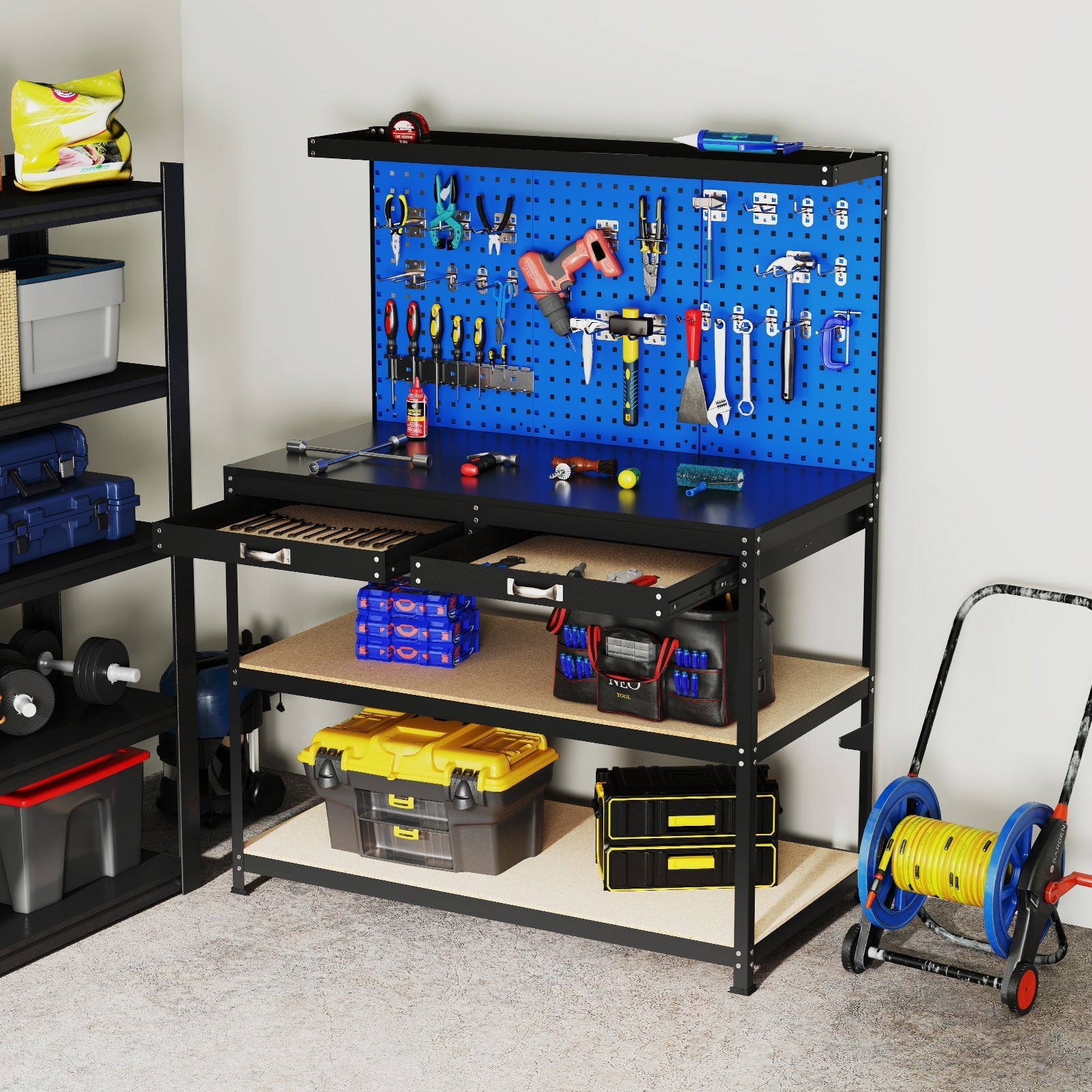 48 x 24 Inch Workbench Work Table with 3 PCs Pegboard Drawer and Shelves-Navy