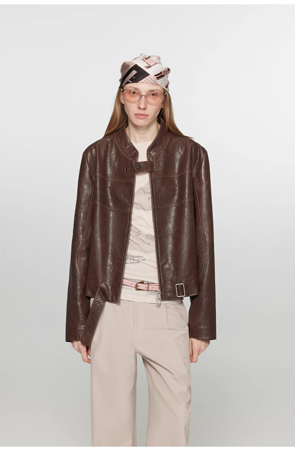 Retro Sheepskin Stand Collar Short Motorcycle Jacket “Caramel