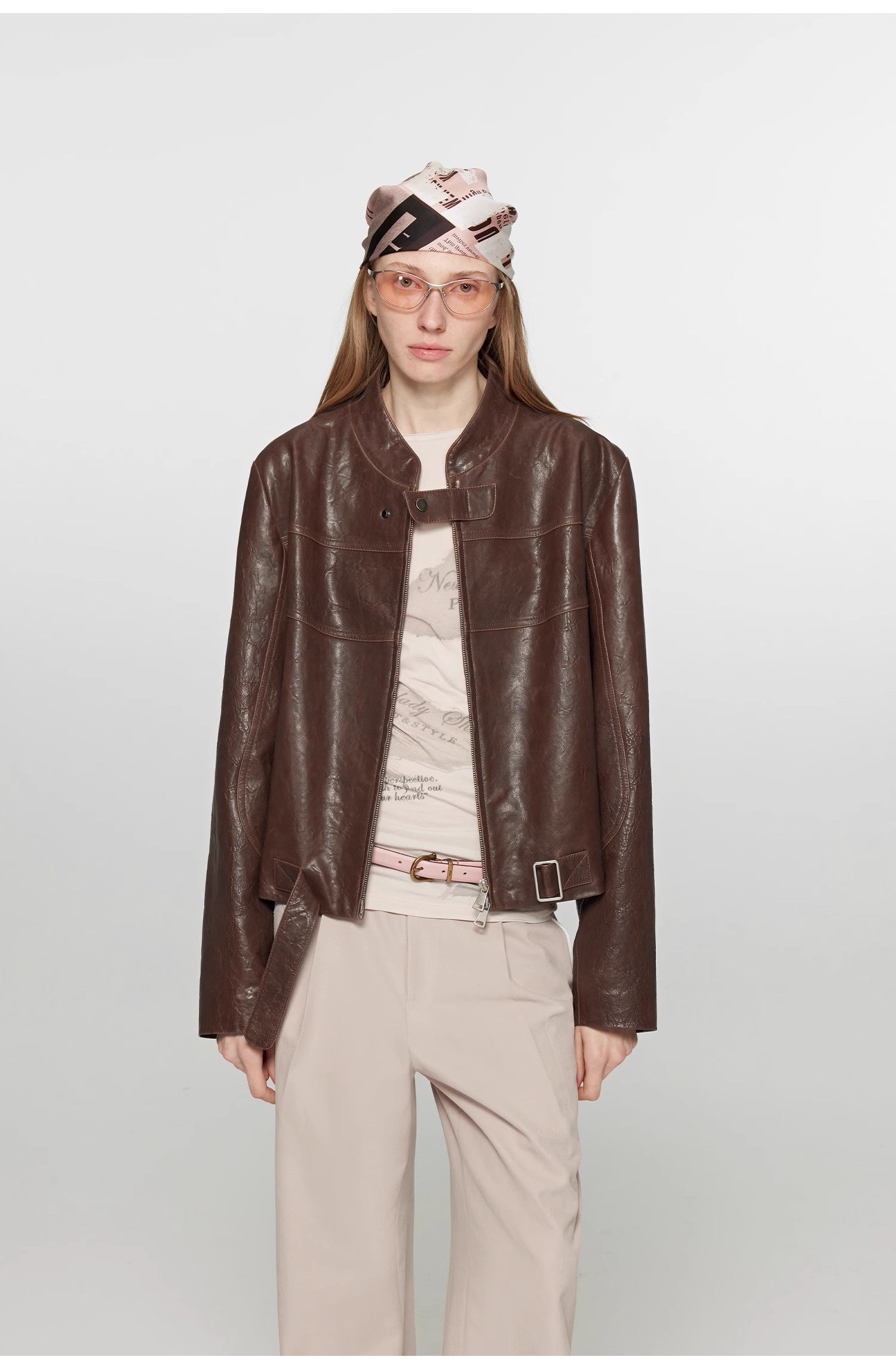 Retro Sheepskin Stand Collar Short Motorcycle Jacket “Caramel