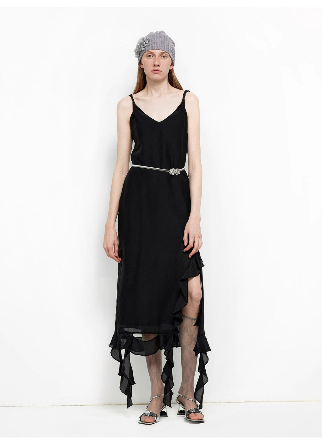 Acetate Mulberry Silk V-Neck Ruffled Draped Twist Strap Summer Dress