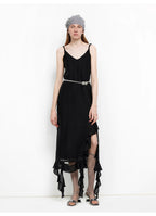 Acetate Mulberry Silk V-Neck Ruffled Draped Twist Strap Summer Dress