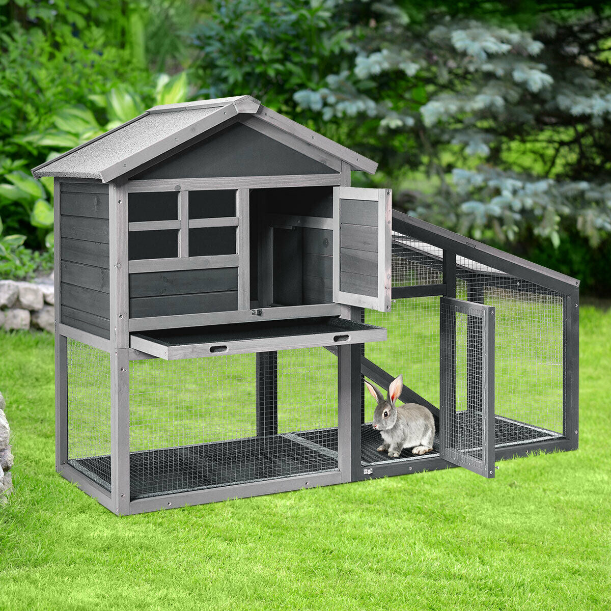 Wooden 56.5 Inch Length Rabbit Hutch with Pull out Tray and Ramp