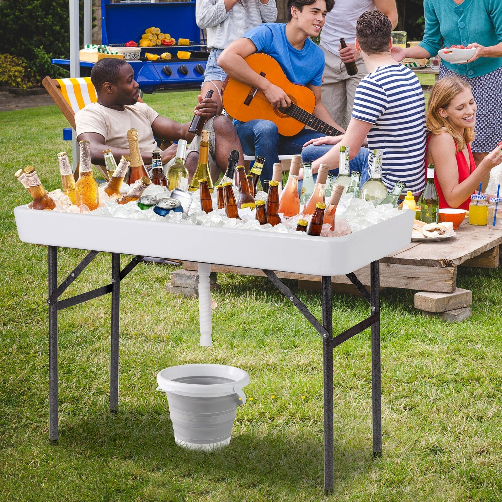 4 Feet Plastic Party Ice Folding Table with Matching Skirt and Ice Bucket-White