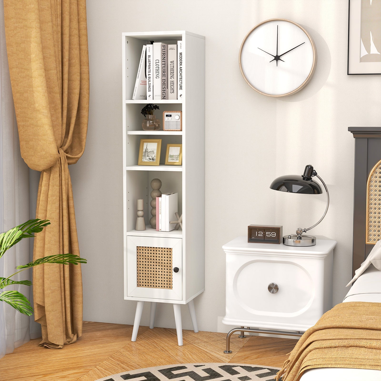 4 Tiers Rattan Storage Cabinet with Slim Design-White