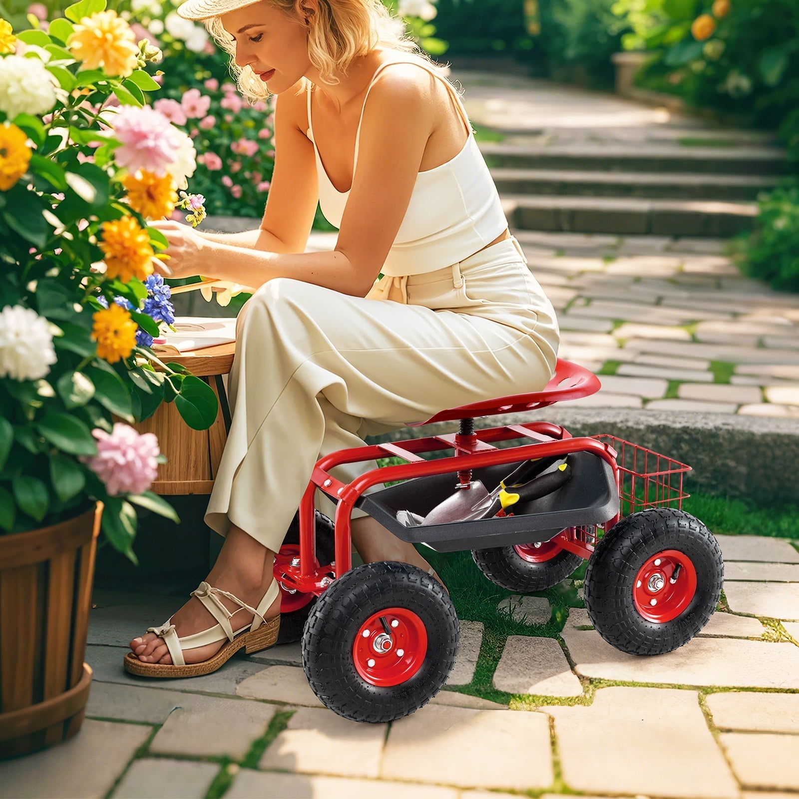 4-Wheel Rolling Garden Cart Work Seat-Red