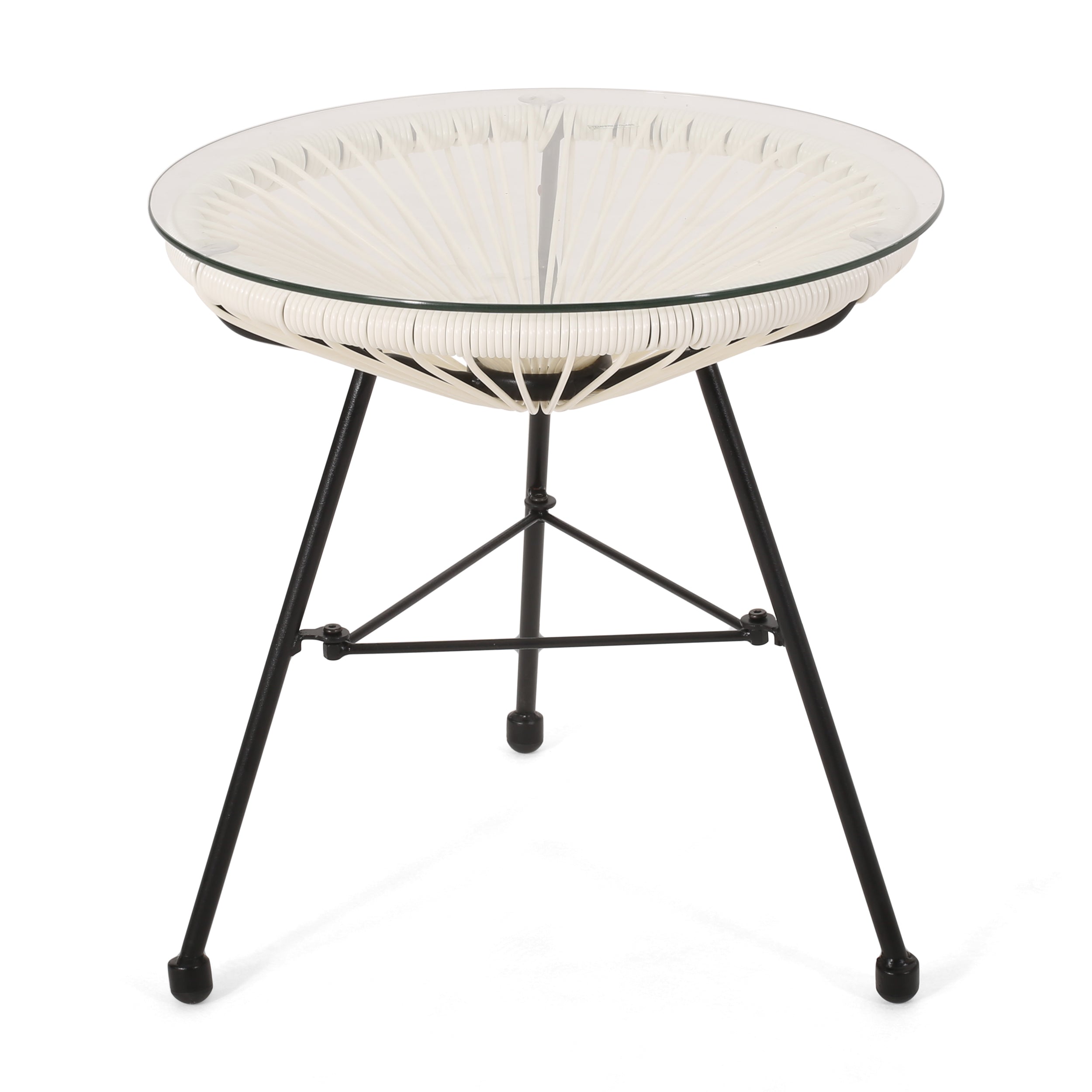 Modern NUSA Side Table with Tempered Glass Top and Polyethylene Rattan Base in White